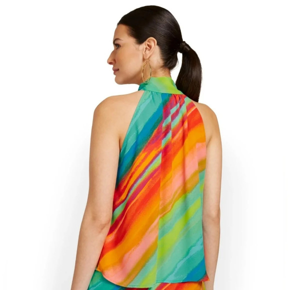 New York & Company  Tiered Halterneck Blouse Watercolor Print Size XL - Picture 2 of 6